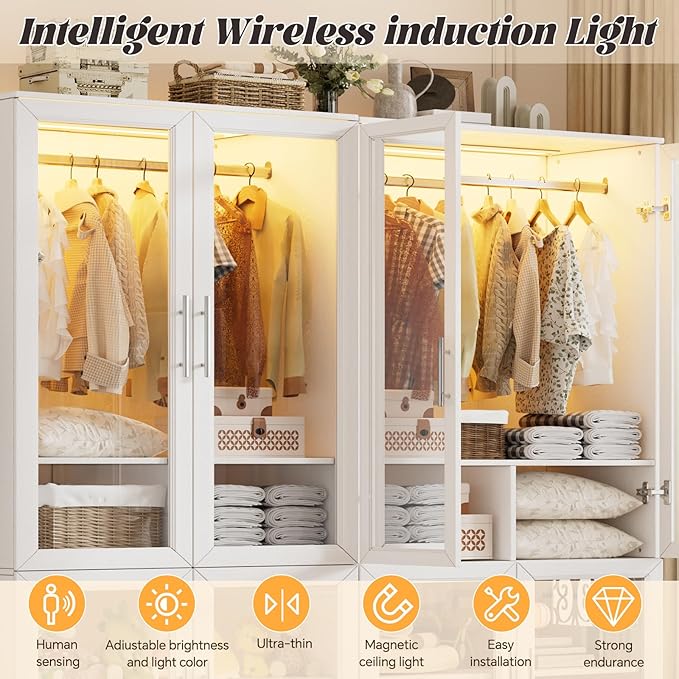 PAKASEPT Armoire Wardrobe Closet Door, Bedroom Closet Wardrobe Cabinet with Hanging Rod, Lighted Freestanding Armoire Storage Cabinet for Bedroom Cloakroom White (White&Full Glass Door)