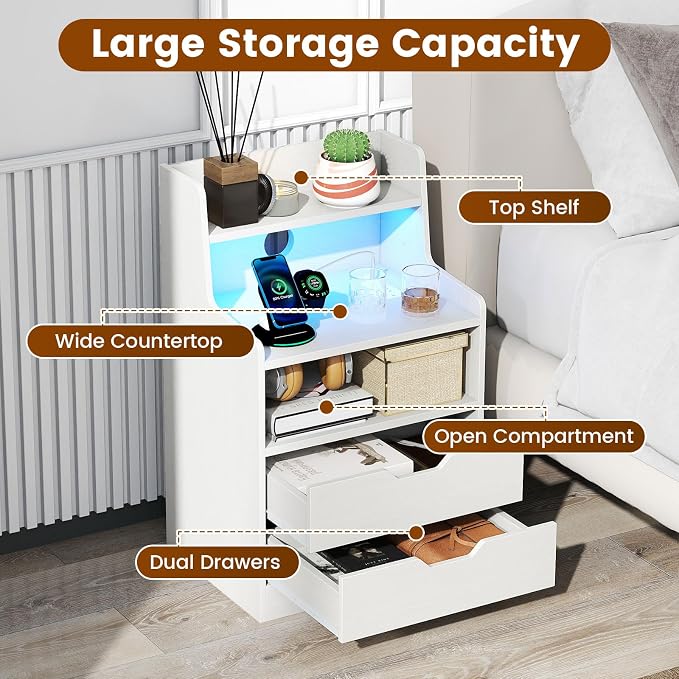 KOMFOTT Set of 2 Nightstands with Charging Station & LED Lights, Smart Night Stand with Hutch & Remote, Modern Side End Table with 2 Storage Drawers for Bedroom Dorm (White,2) - Image 7