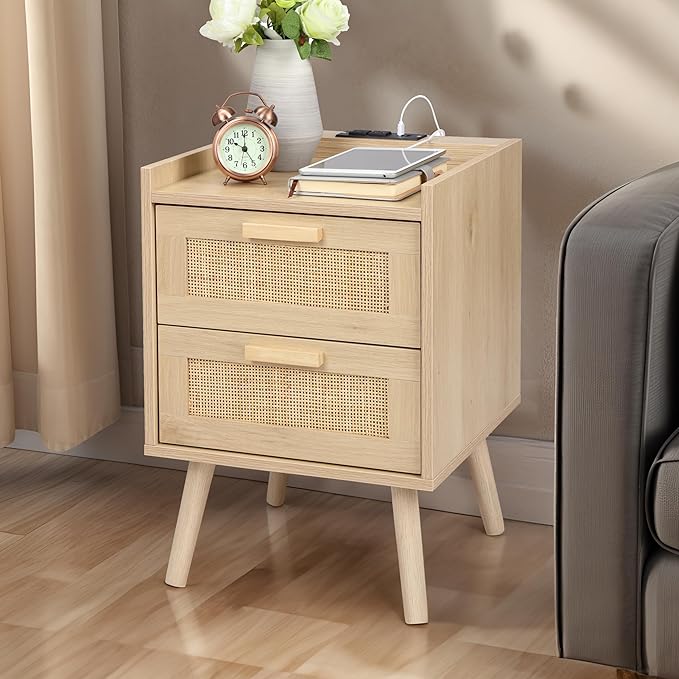 Finnhomy Nightstand with Charging Station, Bedside Table with 2 Hand Made Rattan Decorated Drawers, Night Stand with Storage for Bedroom, Natural, Set of 2 - Image 6