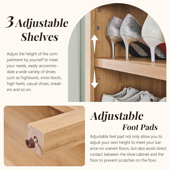 IFGET 71" Tall Arched Shoe Storage Cabinet, 7 Tiers 28 Pairs Wooden Shoe Rack with 3 Adjustable Shelves, Freestanding Shoe Closet Shelf Organizer for Entryway, Hallway, Living Room (Natural) - Image 4