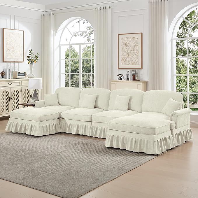 KEIKI Mid Century Modular Sofa with Flared Arms and Skirted Design, 137“ Oversized 4-Seater Luxury with 2 Ottomans Chenille Sectional Couches for Living Room, Chaise Lounge Indoor, Beige White