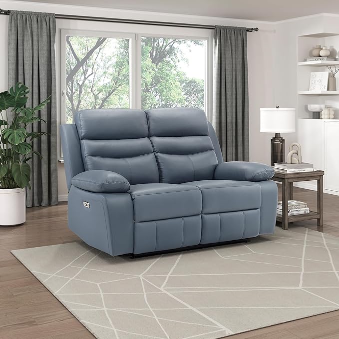 Lexicon 64" W Power Double Reclining Loveseat, with USB Charging Port, Wall Hugger Leather Match Reclining Love Seat, for Living Room, Apartment, Easy Assembly, Blue