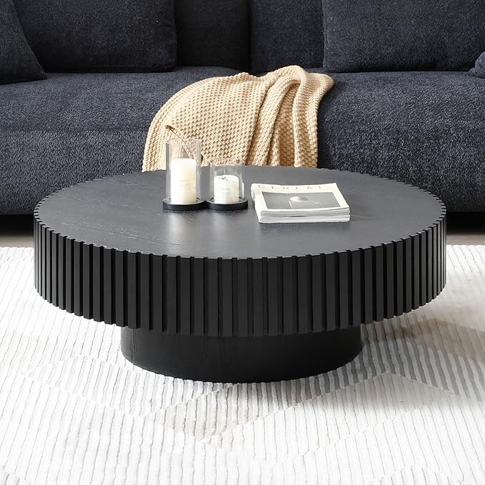 31.49" Round Coffee Table Wood, Modern Unique Circle Coffee Table, Contemporary Oak Drum Fluted Accent Side Table Center for Living Room, Small Space, Apartment, Black