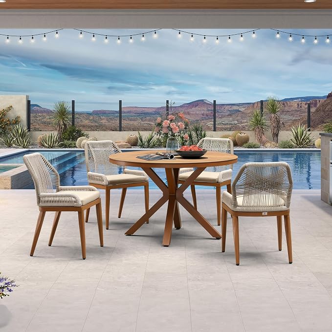 PURPLE LEAF 5 Pieces Round Dining Set Patio Aluminum Modern Oversize Round Table and Wicker Chairs with Cushions for Kitchen Porch Garden Outdoor Furniture Sets - Image 2