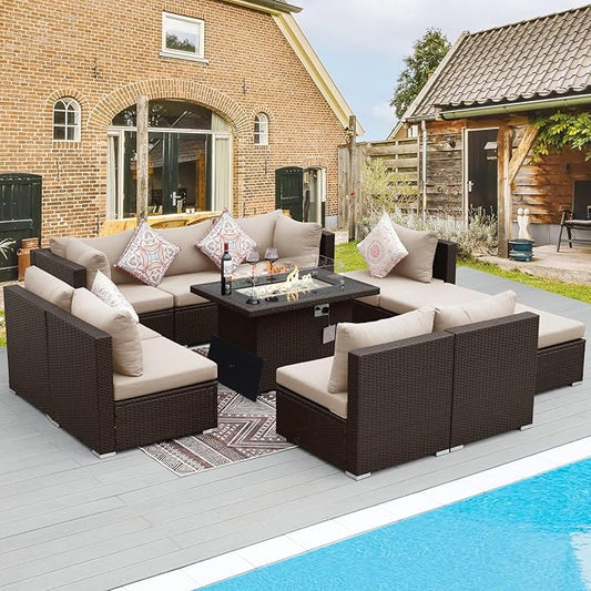 BULEXYARD 11 Piece High Back Outdoor Furniture Set with Firepit, Cozy Patio Conversation Set with Ottoman Modular, Extra Wide Deep 10-Seats Sectional Couch Sofa for Yard, Brown Rattan & Beige Cushion