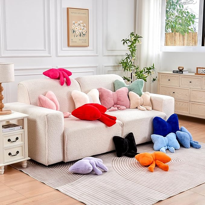 XVTRU Navy Bow Pillow, Soft Bow Decorative Pillows with Faux Rabbit Fur, Cute 16" Bow Throw Pillows, Aesthetic Home Decor Bow Shaped Plush Pillow for Bedroom Sofa Couch