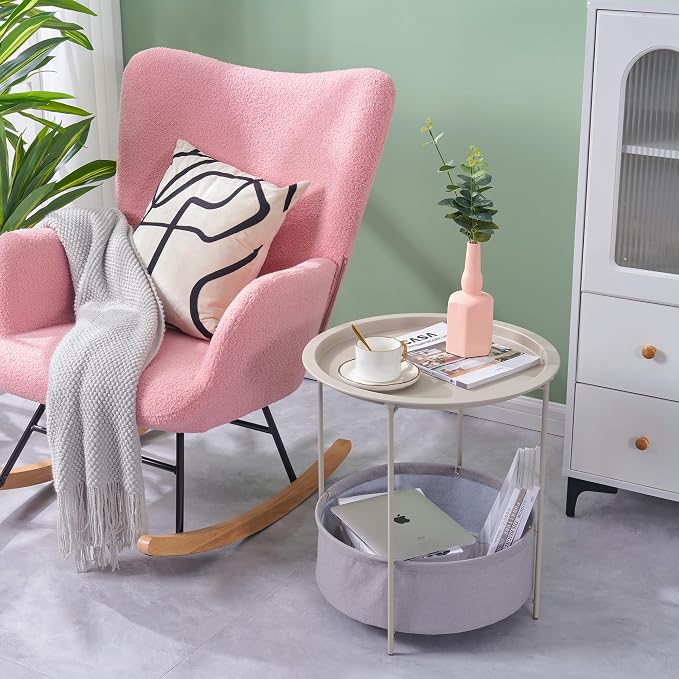 VECELO Round Side/End Table with Fabric Storage Basket，Metal Anti-Rust and Waterproof Small Bedside Nightstand with Removable Tray Top for Living Room，Balcony & Laundry，Grey /2pcs with Basket - Image 4