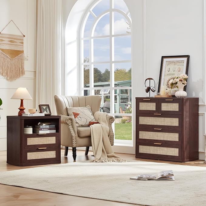 LEYAOYAO Rattan Dresser for Bedroom, 33.5" Tall Chest of Drawers, Modern 5 Drawers Boho Dressers with Storage, Vintage Brown Dresser Wooden Closet Organizer for Living Room, Hallway - Image 5