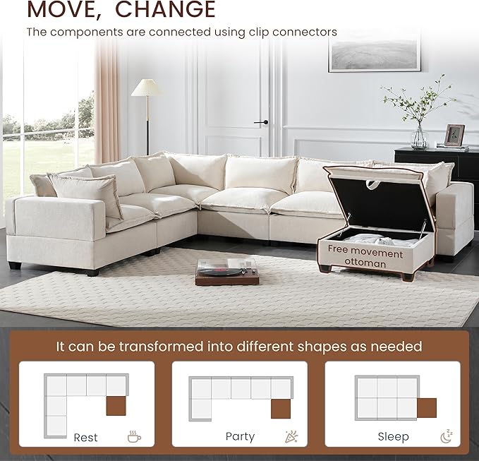 Ball & Cast Oversized U Shaped Sectional Couch with Movable Storage Ottoman,7 Seat Chenille Upholstered Sectional Sofa w/9 Pillows,DIY Combination,Wide Seat Couches for Living Room,Office,Beige