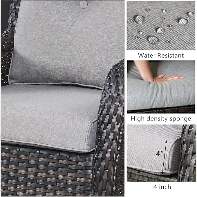 HUMMUH 7 Pieces Patio Furniture Set with Fire Pit Table Outdoor Conversation Set PE Wicker Patio Couch Swivel Glider Chairs Ottomans for Balcony Garden,Lawn,Deck
