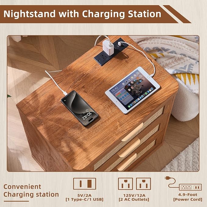 LEYAOYAO Rattan Night Stand with Charger Station, 23" Large 3 Drawer Boho Nightstand, Tea Brown Bedside Table Storage Cabinet, Bed Side End Tables for Bedroom, Living Room, Hallway - Image 5