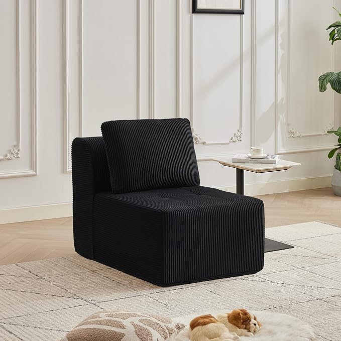 Modular Sectional Sofa with Movable Ottoman, 1 Seat Deep Seat Couch with 1 Pillow, Comfy Cloud Sectional Sofa for Living Room, Bedroom and Apartment (Black, 1 Middle)
