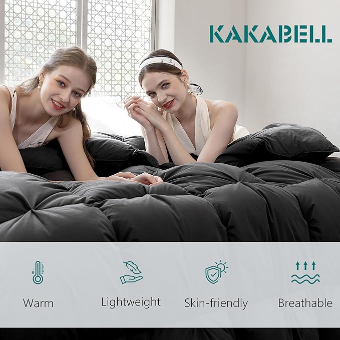 KAKABELL Pinch Pleat Goose Down Feathers Fiber Comforter King Size All Season-Ultra Soft and Cozy Noiseless Duvet Insert with Egyptian Cotton Blend Cover,Fluffy Warm Comforter Insert(Black,90"X106")