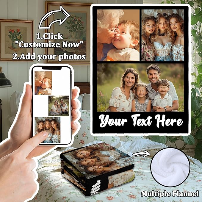 Custom Blanket with Photos Text, Personalized Blanket Throw with Pictures, Custom Anniversary Mothers day Fathers Day Birthday Gifts for Family Dad Mom Kids Friend Girlfriend Boyfriend Wife Husband