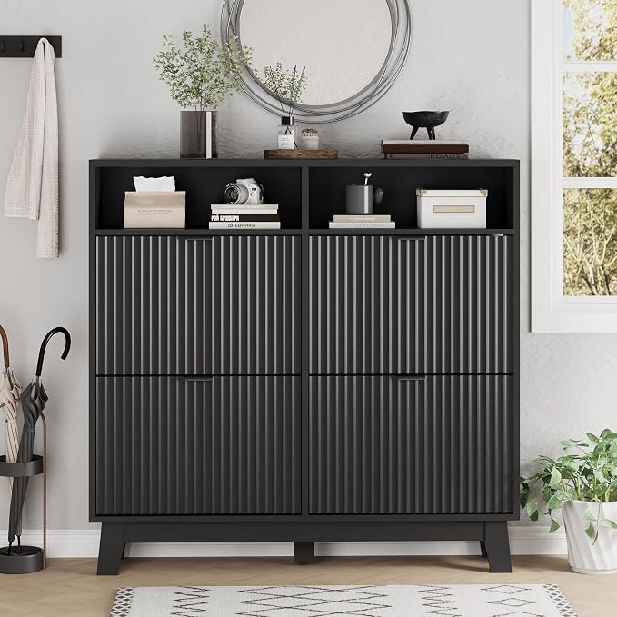 Xixini Shoe Cabinet with 4 Flip Drawers, 46" Tall Narrow Fluted Shoe Storage Organizer for Entryway, Hidden Slim Wooden Shoe Rack Cabinet for Front Door Entrance, Hallway, Living Room, Solid Black - Image 7