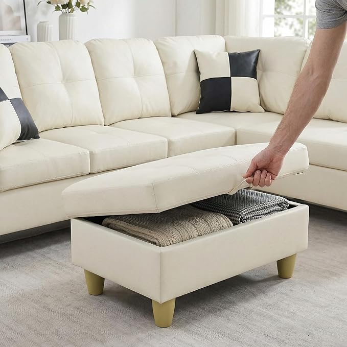 NicBex Modular L-Shaped Sectional Couches, 3-Piece Convertible Couch with Storage Ottoman, 4-Seat Comfy Sofa with Chaise for Living Room & Apartment, Cream White