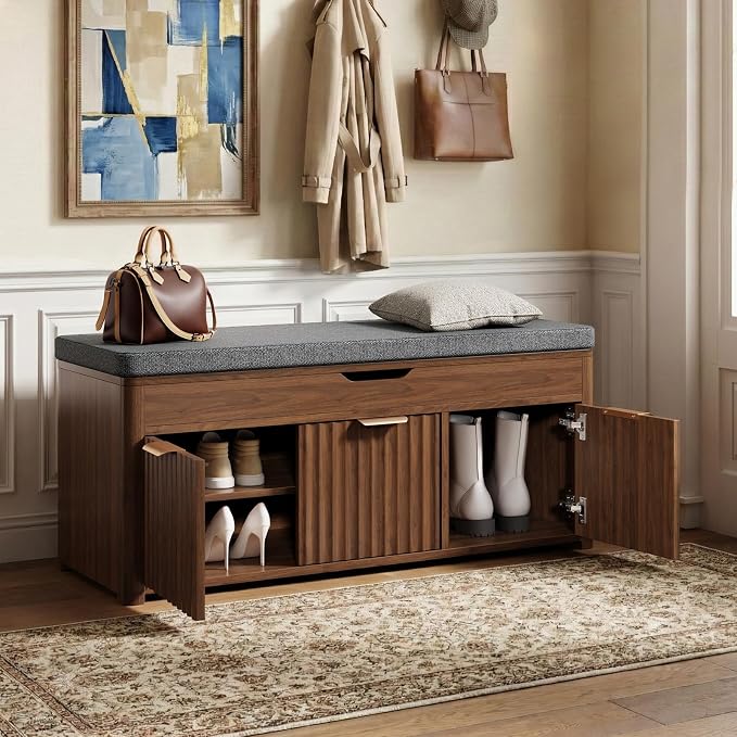 Shoe Bench with Storage - Lift Top Entryway Bench with Hidden Storage, Shoe Rack with Adjustable Shelves and Cushioned Seat, Wooden End of Bed Bench for Bedroom, Living Room and Hallway,Walnut - Image 3