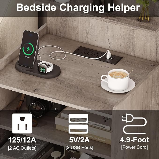 LED Nightstand with Charging Station, Night Stand with 2 Drawers and Open Storage, Bedside Table with LED Lights, Modern End Table with USB Ports Outlets, Grey - Image 6