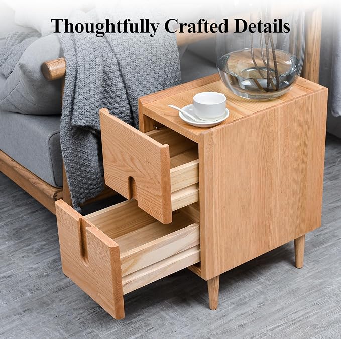 Mid Century Modern Nightstand, Narrow Nightstand, Minimalist Side Table for Bedroom, 2-Drawer Bedside Tables, (Natural, 9.84inches) - Image 4
