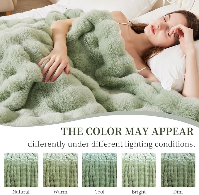 Faux Rabbit Fur Throw Blanket for Couch, Fluffy Warm Plush Thick Bubble Blanket for Bed Sofa Living Room, Soft Cozy Furry Blanket, 50x60 inches, Sage Green
