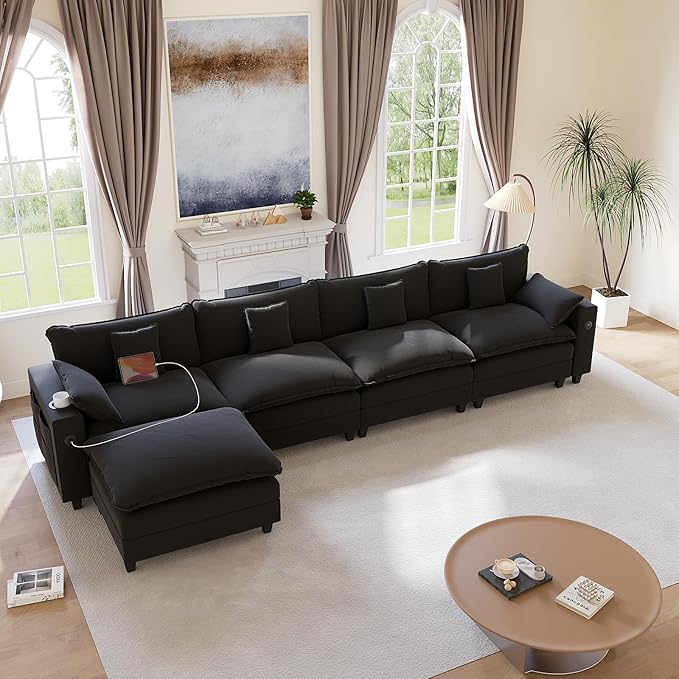 152" Modular Sectional Sofa, L Shaped Cloud Couch with Movable Ottoman, Chenille Deep Seat Cloud Sofa with Charging Station, Cup Holder, Side Pocket, Sectional Couches for Living Room, Black