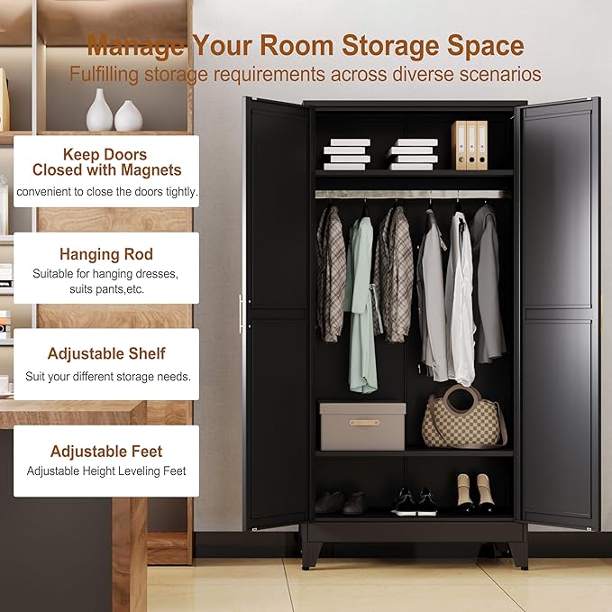 Metal Armoire Wardrobe Closet Storage Cabinet with 2 Doors Black, 71'' Wardrobe Cabinet with Hanging Rod Metal Closet with 2 Adjustable Shelves for Bedroom, Laundry Room, Cloak Room
