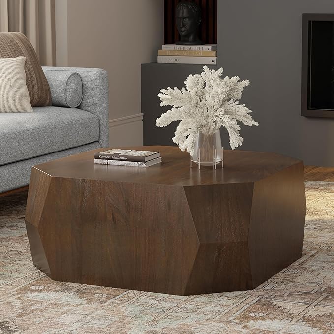 SIMPLIHOME Eisley Geometric Coffee Table - 39 inch Wide Solid Acacia Wood Veneer Sculptural Table in Walnut, Contemporary Living Room Centerpiece with Faceted Low-Profile Design, Assembled