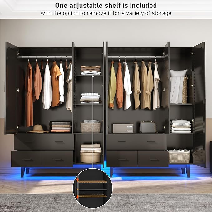 Hlivelood 3 Door Armoire Wardrobe Closet Cabinet with Drawers and LED Lights, Multi-Tier Shelves, Hanging Rod & 3 Louver Doors, Large Capacity Storage Wardrobe Armoire for Bedroom, Black