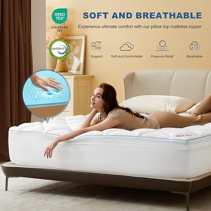 Bedlore 4-Inch King Mattress Topper for Back Pain - Dual Layer Medium Support (2" Gel Memory Foam + 2" Cooling Fluffy Pillow Top Pad), Breathable & Pressure Relief (White)