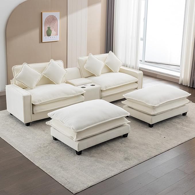 Sectional Sofa Chenille Upholstered with 2 Removable Ottoman, 2 USB Ports, 2 Cup Holders Large Storage Box for Living Room