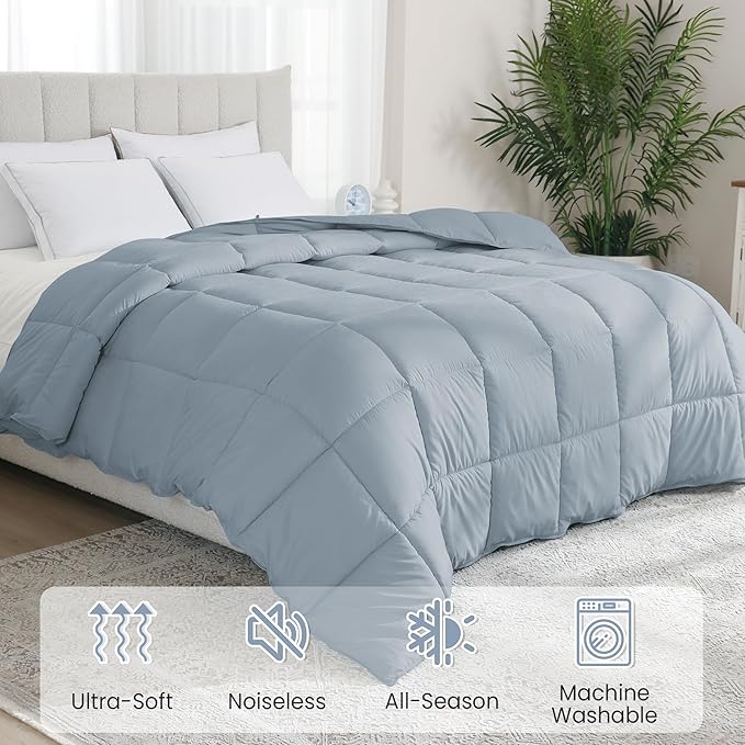 Peace nest King Size Goose Feather Fiber and Down Comforter Fluffy Duvet Insert All Season Hotel Luxury Bedding Comforters Soft Medium Warmth 88x104 Inches Light Grey