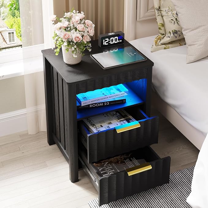 Dystler Fluted Night Stand with LED Light, Nightstand with Charging Station and Gun Drawer, Modern Bedside Table with Human Sensort and Storage Shelf for Bedroom, Black - Image 8