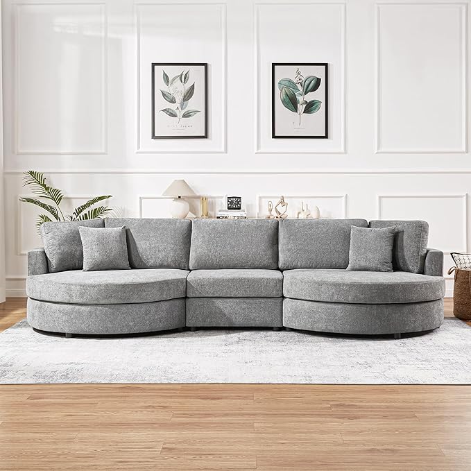 Merax 129 inches 3-Seater Curved Chenille Sofa, Modern Upholstered Living Room Couch with Thick Cushions, Includes 2 Throw Pillows, Easy Assembly, Dark Grey