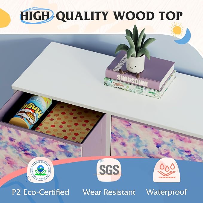 WLIVE Dresser for Bedroom with 5 Drawers, Wide Chest of Drawers, Fabric Dresser, Storage Organizer Unit with Fabric Bins for Closet, Living Room, Hallway, Tie-dye Print (Pink, Purple, Blue) - Image 6