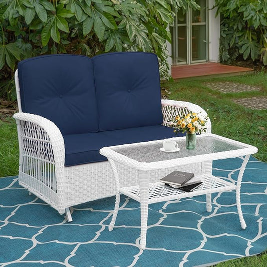 MEETWARM Outdoor Wicker Patio Glider Set, Loveseat for 2 Person Porch Furniture Glider with Glass-Top Coffee Table, Patio Glider Rocking Bench with Thickened Cushions, White Wicker/Navy