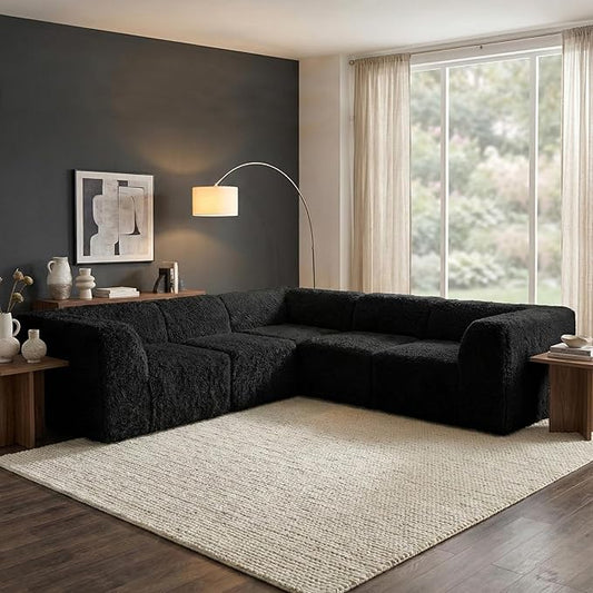 Furniture of America Havyn Modern Faux Fur 5-Seater L-Shaped Modular Foam Sectional Sofa, Compressed Couch in a Box, No Assembly Required, for Living Room and Office, Black