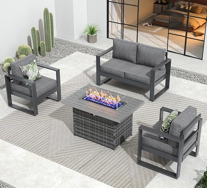 Outdoor Aluminum Furniture Set with Fire Pit Table - 4 Pieces Modern Patio Conversation Sets Metal Sectional Sofa Set