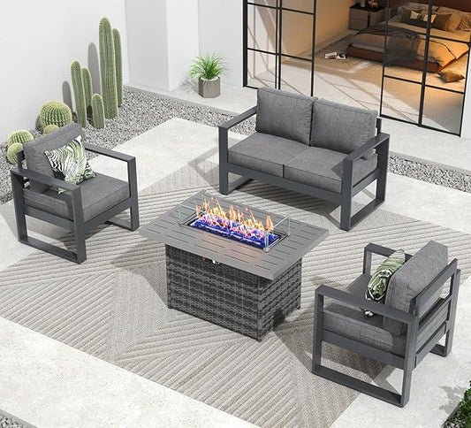 Outdoor Aluminum Furniture Set with Fire Pit Table - 4 Pieces Modern Patio Conversation Sets Metal Sectional Sofa Set
