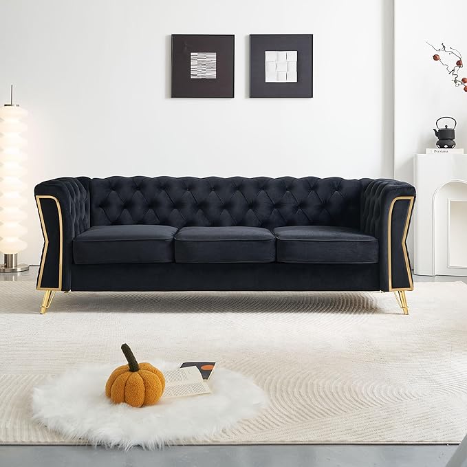 KEIKI 87" Chesterfield Velvet Button Tufted Sofa with High Density Foam Cushions, Modern Style 3-Seater Couch with Gold Strip Trim Decoration, Easy Assembly, for Apartment, Living Room, Office, Black