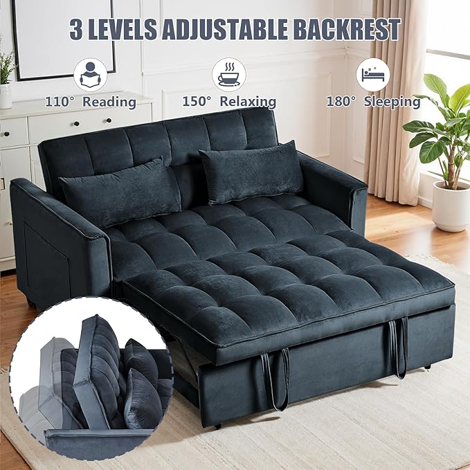 3 in 1 Pullout Sofa Bed, Convertible Loveseat Sleeper Couch Bed with 2 Pockets & 2 Pillows for Living Room, Black