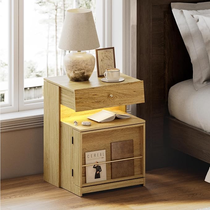 Night Stand with Charging Station, Modern LED Nightstand with Sliding Drawer & Storage Cabinet, Wood Bedside Table End Side Table for Bedroom Small Space, Natural Oak - Image 8