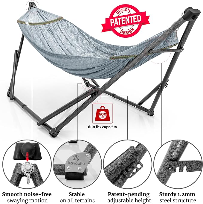 Tranquillo Combo x2 Hammocks with Stand for Outside & Tree Straps, Heavy Duty Hammock with Stand 600lbs for Indoor Outdoor Patio Backyard, x2 Hammocks for 2 Person (Combo - Grey, Medium) - Image 3