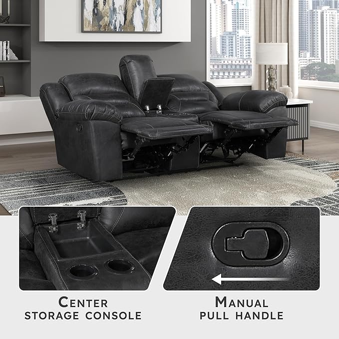 Lexicon Double Recliner Loveseat with Center Console, Wall Hugger Manual Reclining Couch, Textured Microfiber Upholstered Dual Reclining Love Seat, Home Theater Seating, Required Assembly, Black
