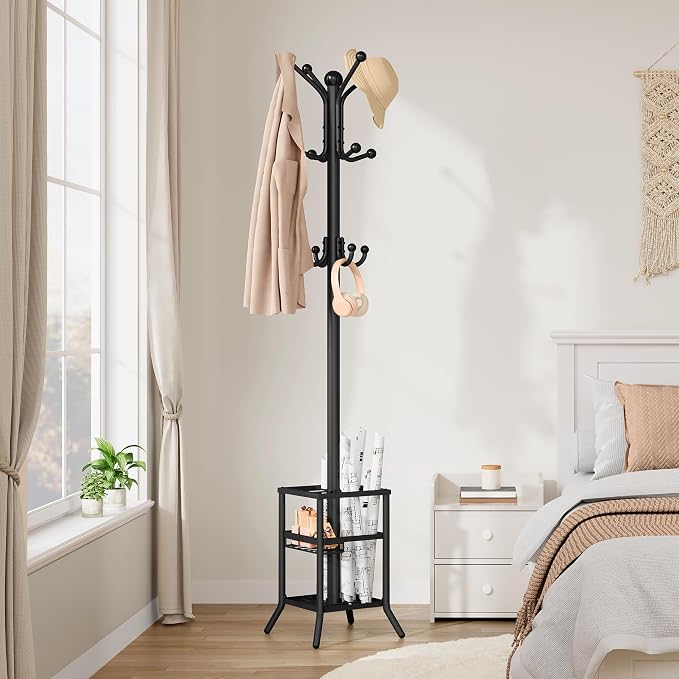FAVOOSTY Coat Rack Freestanding,Coat Rack Stand with Umbrella Holder,Metal Coat Tree with 12 Hooks,Tree Clothes Hat for Entryway, Hallway, Bedroom, Living Room & Office -Black - Image 5
