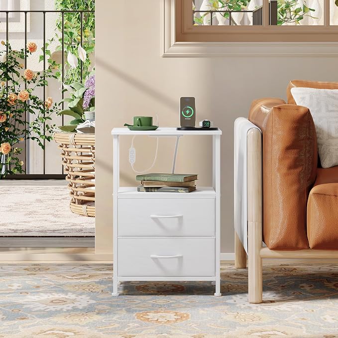 Somdot Nightstands Set of 2,End Tables with Charging Station and LED Lights,Night Stand with 2 Fabric Drawers, End Table with Open Shelf, Small Nightstand for Bedroom, White Leather - Image 7