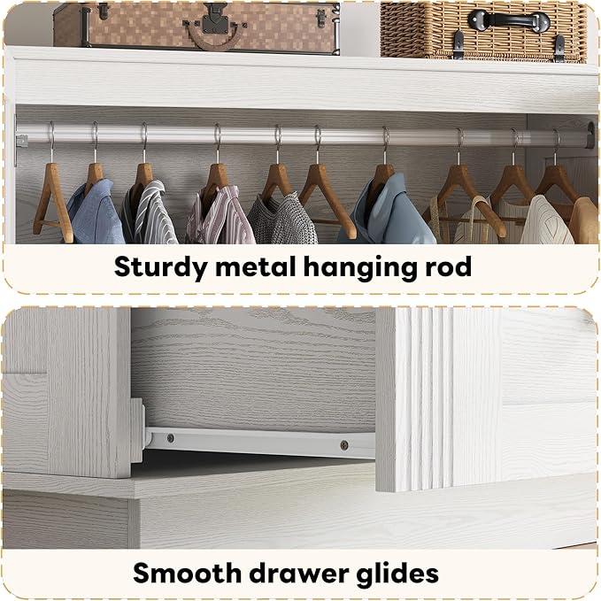 LIKIMIO Farmhouse Wardrobe Closet with Doors, 70" Bedroom Armoires with LED Lights and Hanging Rod, Wooden Large Wardrobe Cabinet with 2 Drawers and 1 Cabinet, Classic White