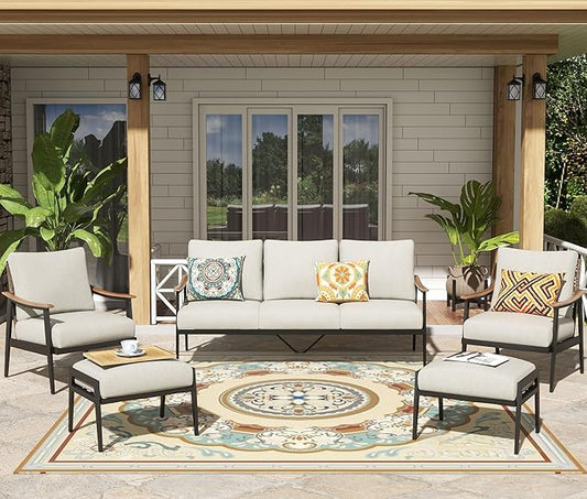 NATURAL EXPRESSIONS 7 Pieces Patio Furniture Set, Outdoor Furniture Sofa Sectional Modern Metal Patio Conversation Set with High Back Wicker Backrest & Loveseat for Balcony, Backyard, Deck, Porch