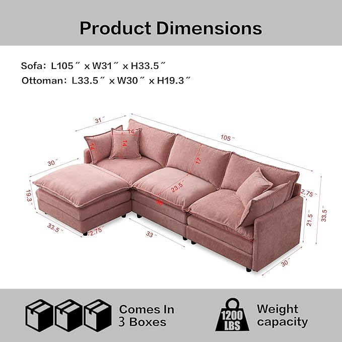 105" Oversized Modular Cloud Sectional Sofa Free Convertible L-Shaped Corner Sectional with Movable Ottoman, Chenille Upholstered Multiple Cushions Cloud Sofa Couches | Easy to Assemble