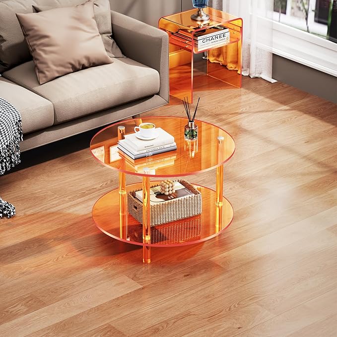 Acrylic Coffee Table, Small Round Modern Coffee Table for Living Room,23.6" D x 23.6" W x 16.5" H
