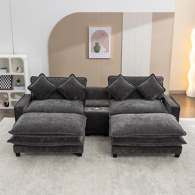 Sectional Sofa Chenille Upholstered with 2 Removable Ottoman, 2 USB Ports, 2 Cup Holders Large Storage Box for Living Room